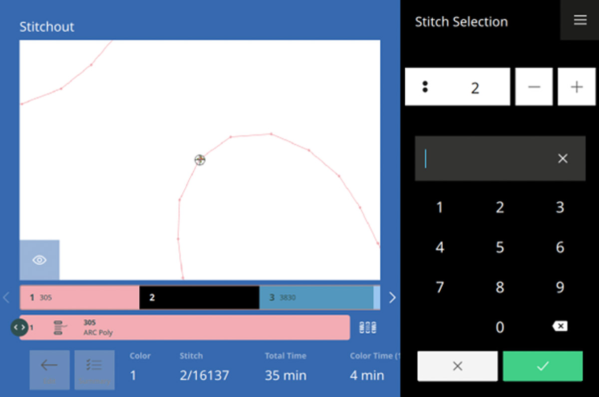 Simulator with Stitch Selection screen