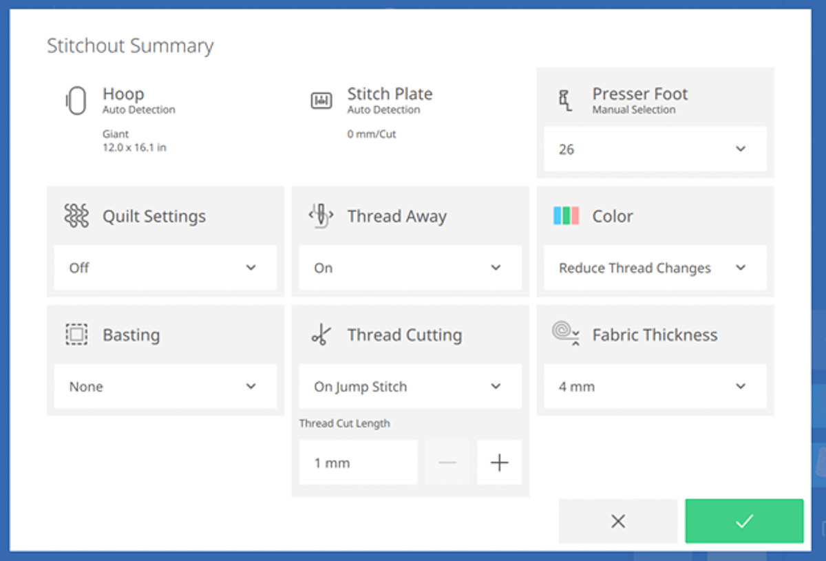 Simulator with Stitchout Summary Screen Quilt Settings Off