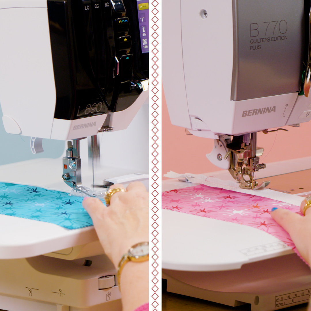 Side by side view of sewing a zipper with a serger and a sewing machine