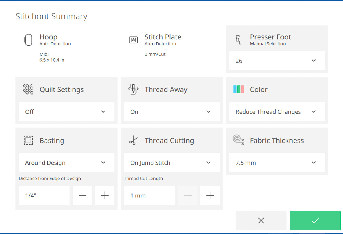 Embroidery Stitchout Summary screen on the B 990