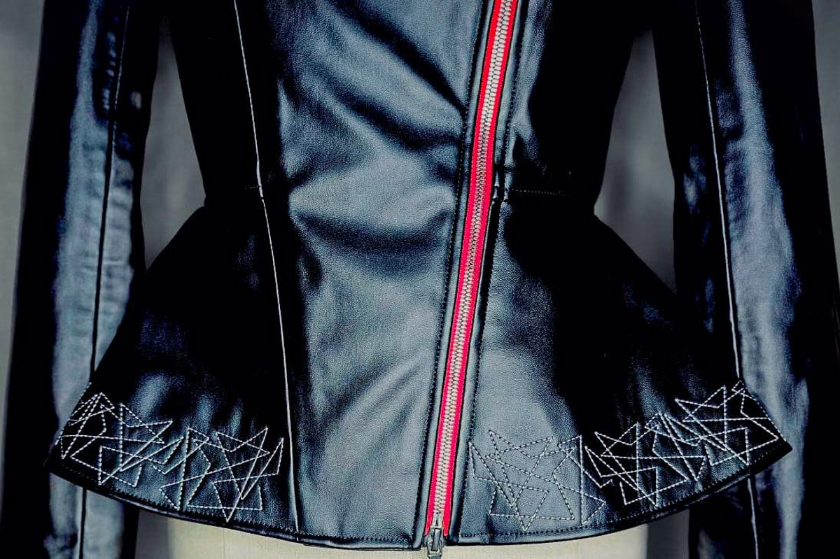 Full front view of Leather Jacket peplum with embroidery.