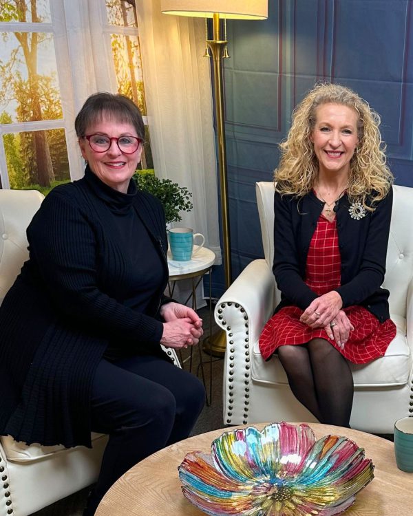 Pam Mashie and Gail Yellen on the set of The Joy of Serging