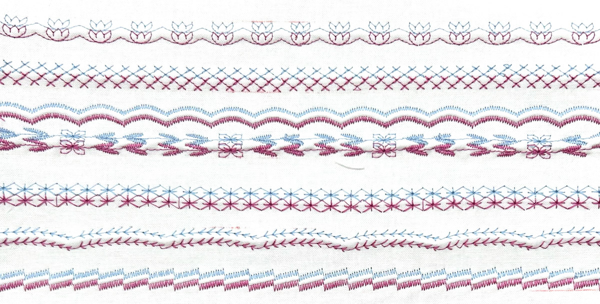Decorative stitches in red and blue with twin needle
