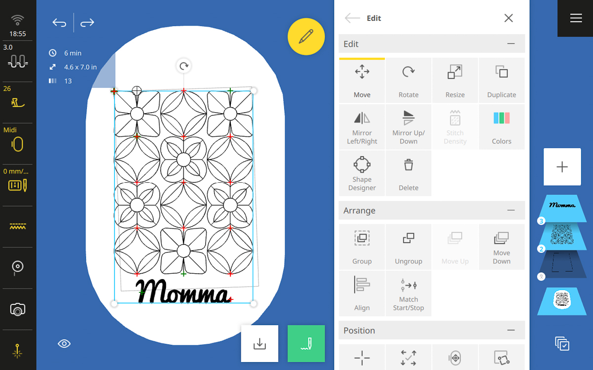 Designing the embroidery and lettering for a Mother’s Day card on the B 990 sewing machine