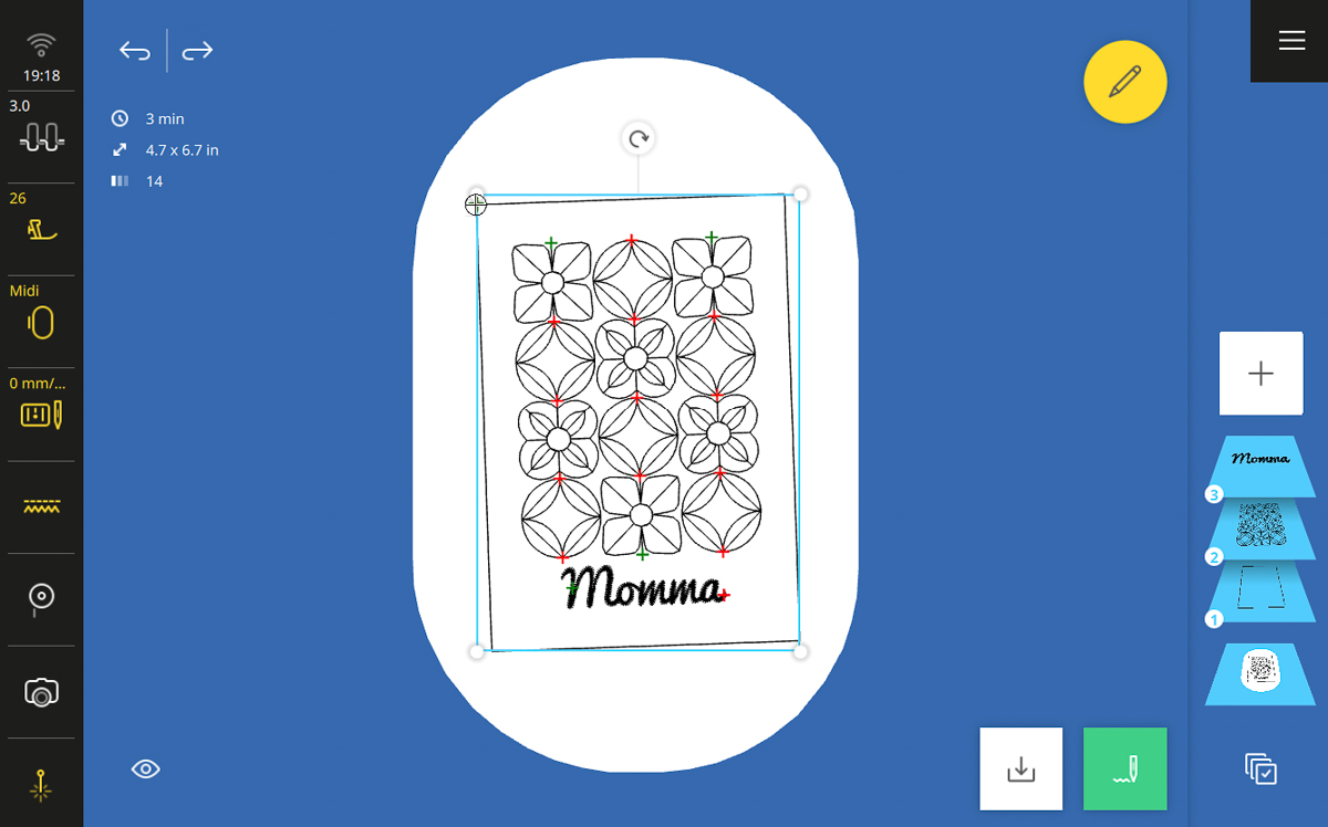 Designing the embroidery and lettering for a Mother’s Day card on the B 990 sewing machine
