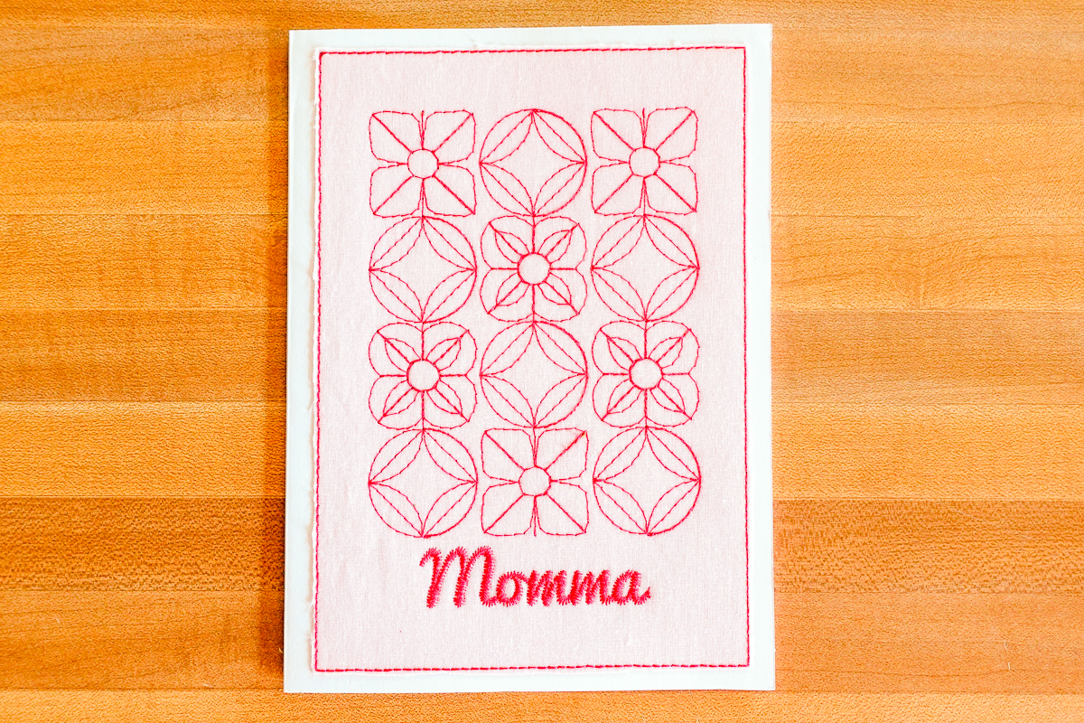 Finished embroidered Mother’s Day card, white with red thread