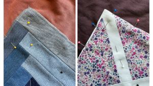 Two quilt blocks pinned to sweatshirts