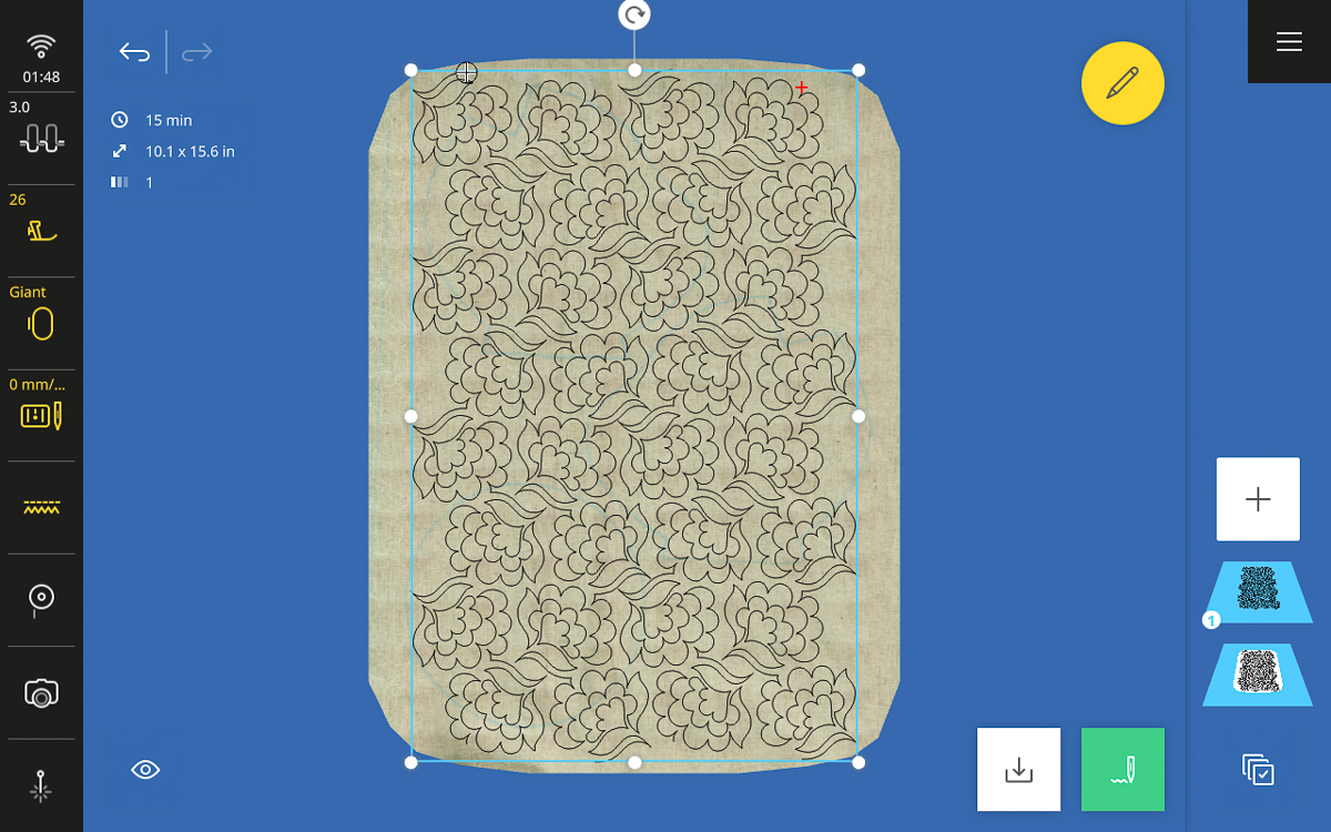 Quilt design re-positioning on the B 990