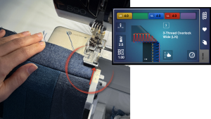 Overlocking the edges of a denim quilt block with the Bernina L890