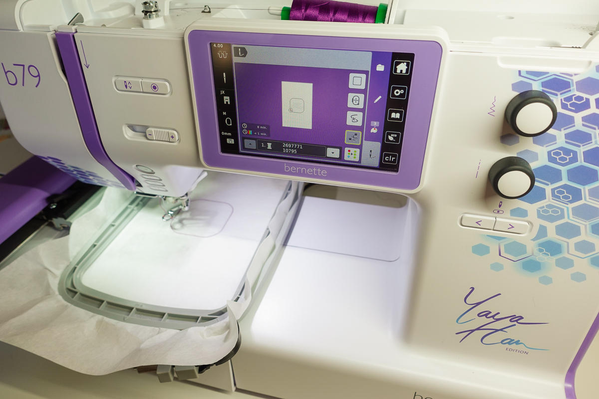 front of the bernette 79 machine stitching a placement line