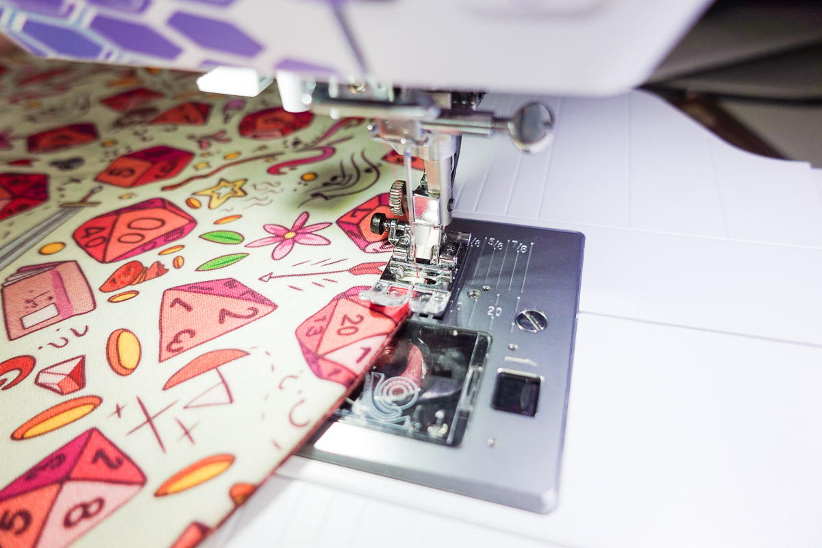 A sewing machine with a colorful fabric