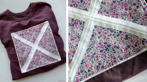 quilt block made with liberty tana lawn quilted onto a sweatshirt