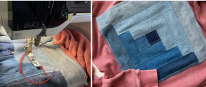 close up of a denim log cabin quilt block and the Bernina L890