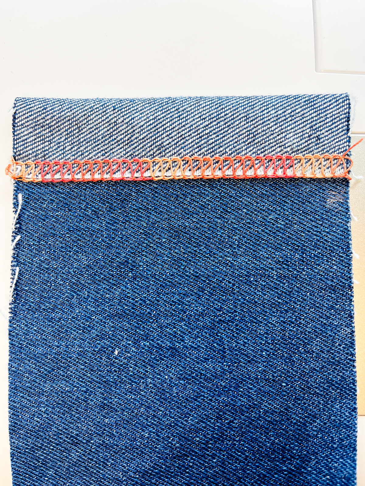 Overhead view of the coverstitch with variegated thread