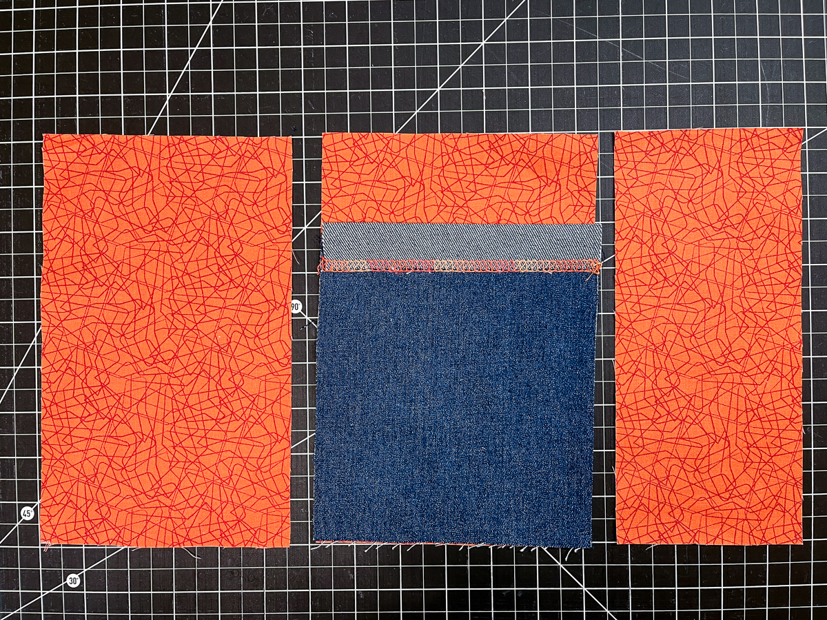 Arranging lining, right-side up, with blue denim pocket