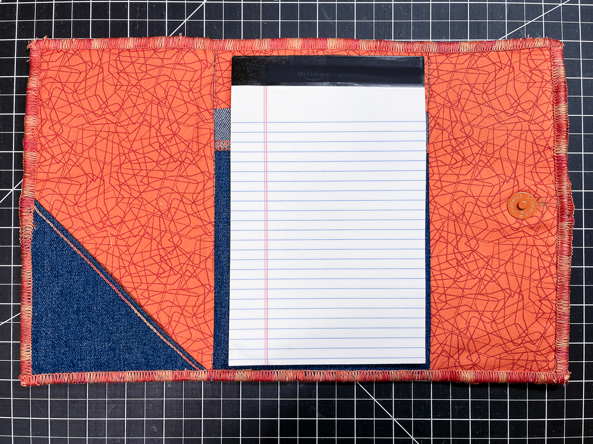 Finished DIY Notepad Folio, with denim and orange lining, open