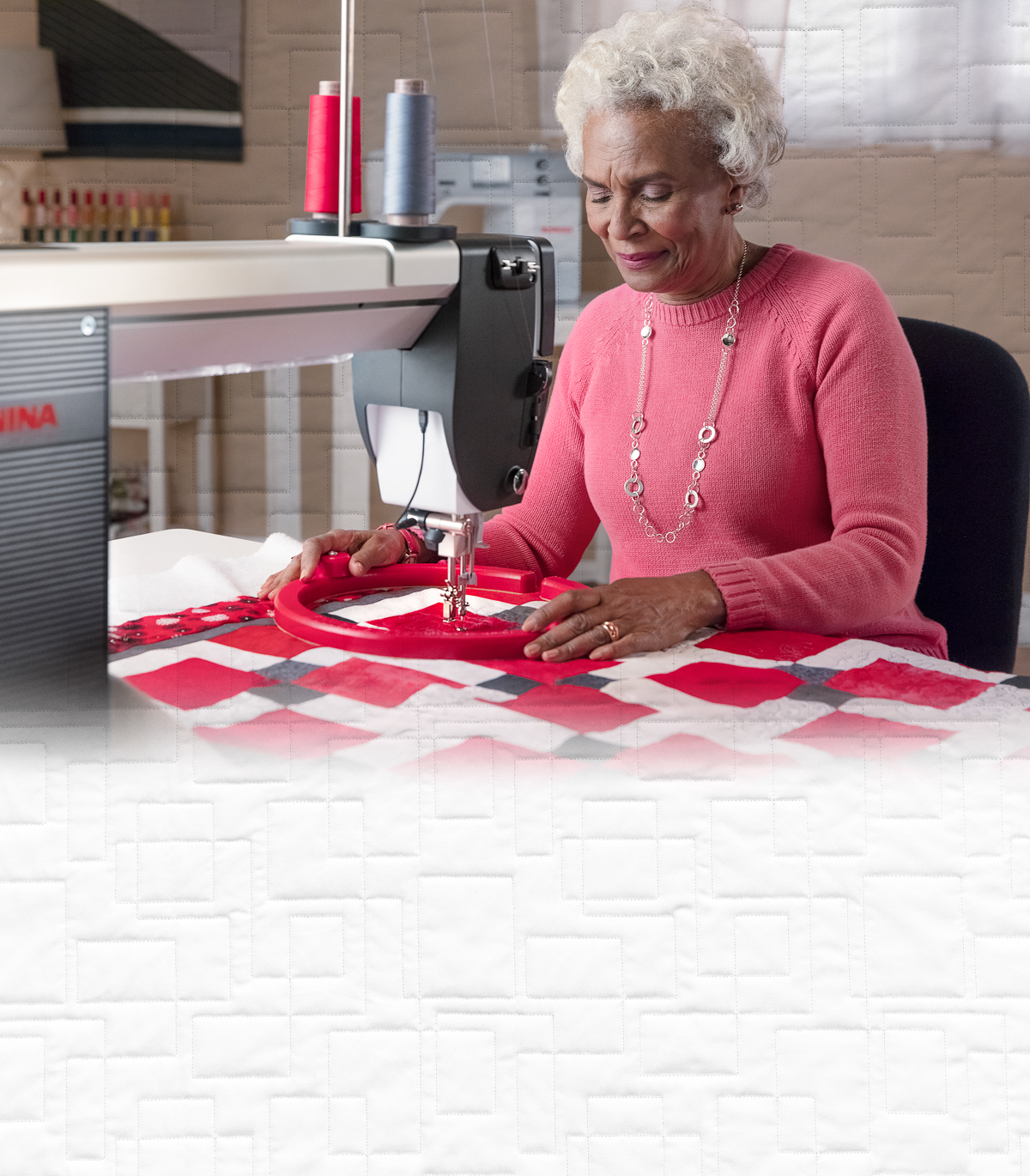 Older woman using a table model Q Series machine