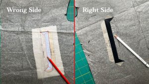 Marking the welt pockets outlines and cutlines on front and back pocket opening. Both wrong side and right side are shown. The wrong side is interfaced.
