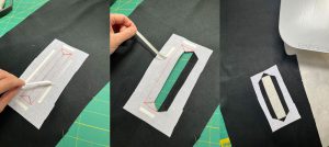 Three side-by-side images that show the steps of folding the tabs of a welt pocket opening back and securing with sticky tape.