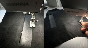 A sewing machine is edgestitching a welt along the bottom edge of the pocket opening from the right side of the project.