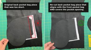 Troubleshooting tip for the back pocket. If back pocket does not align with front pocket AND cover the pocket opening, you may need to adjust and recut the back pocket bag pattern piece.