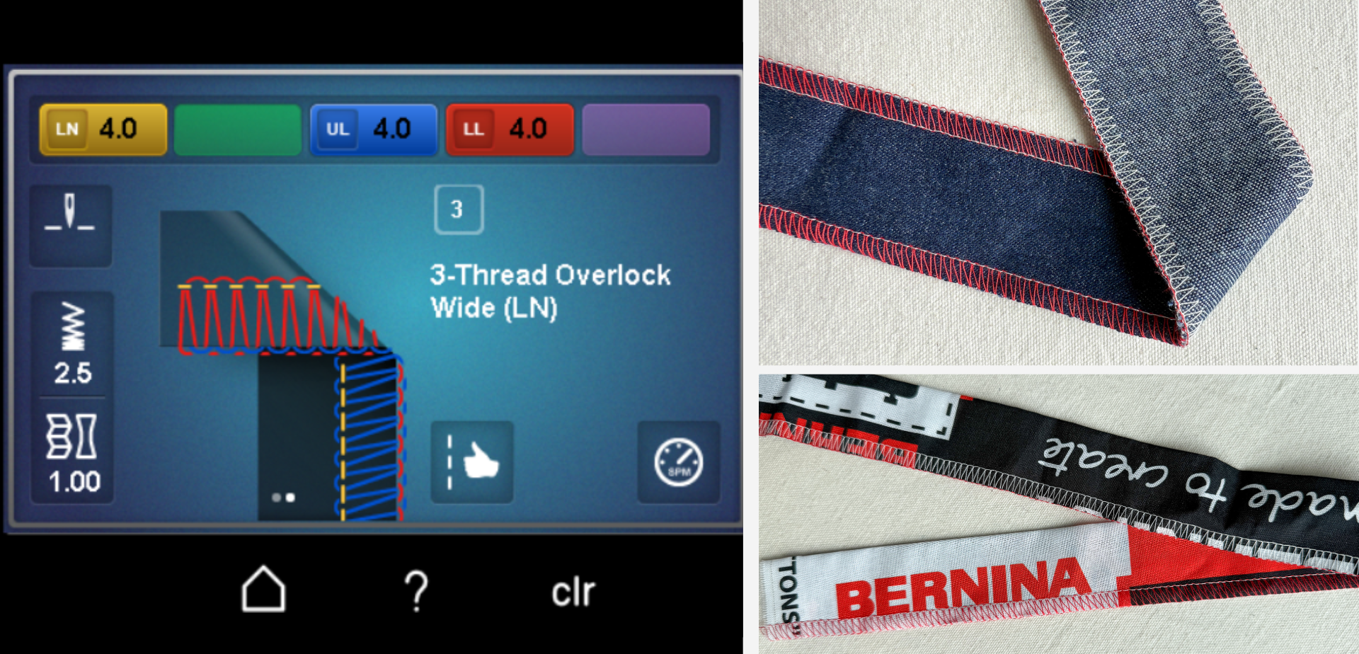 the screen of the BERNINA L890 showing a 3-thread overlock stich