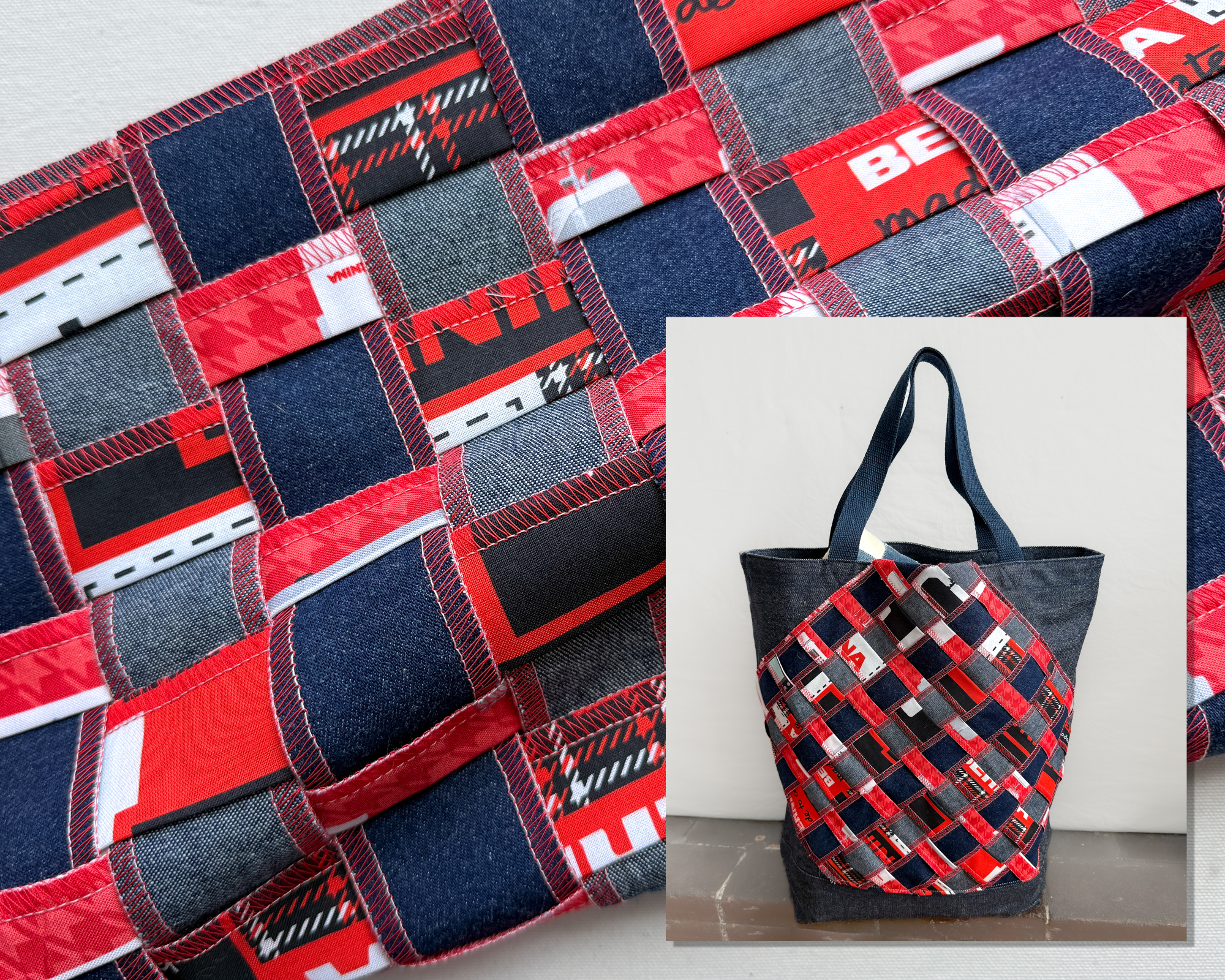 strips of dark denim and BERNINA quilting cotton woven together and then added to the front of a denim bag