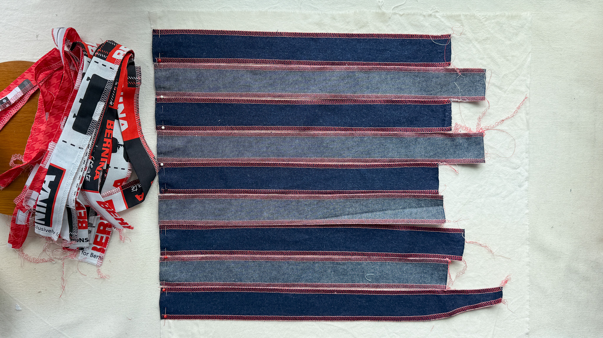 strips of denim preparing for fabric weaving