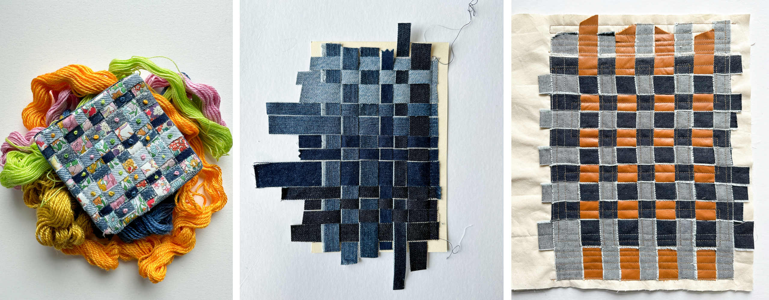 three images each showing a woven piece of art, each has denim and then one has leather and one has printed cotton.