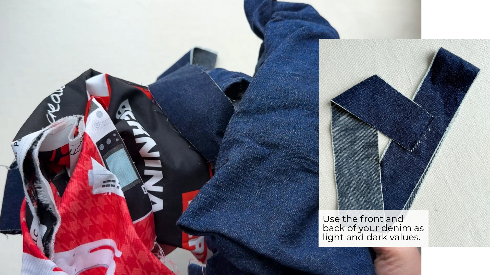 scraps of denim and pieces of BERNINA quilting cotton