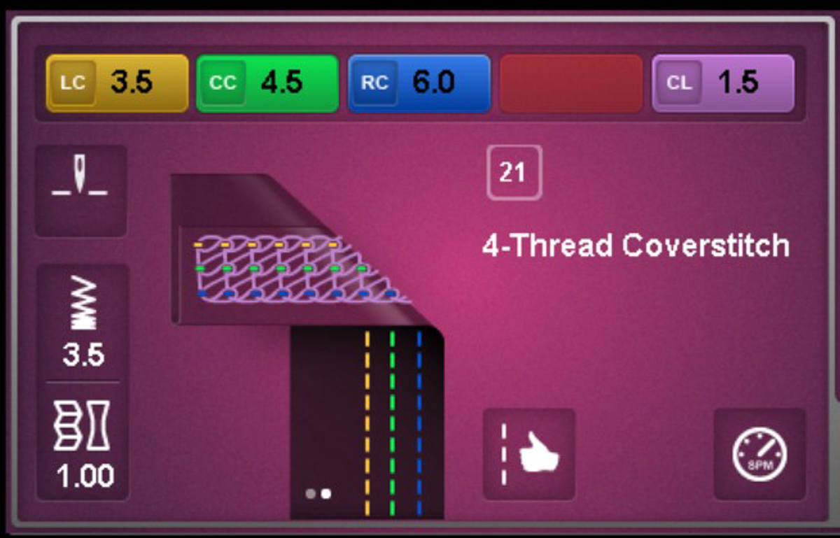 Display screen of the BERNINA L 890 showing settings