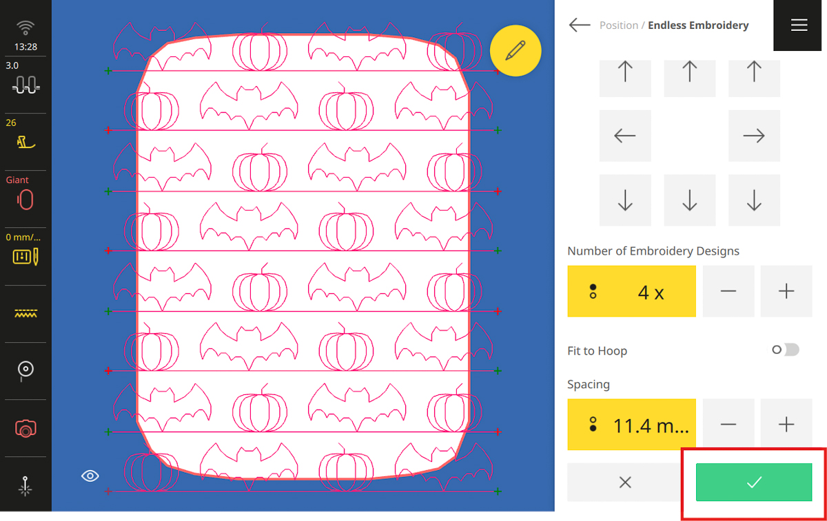 Endless Embroidery functions on the B 990 Screen