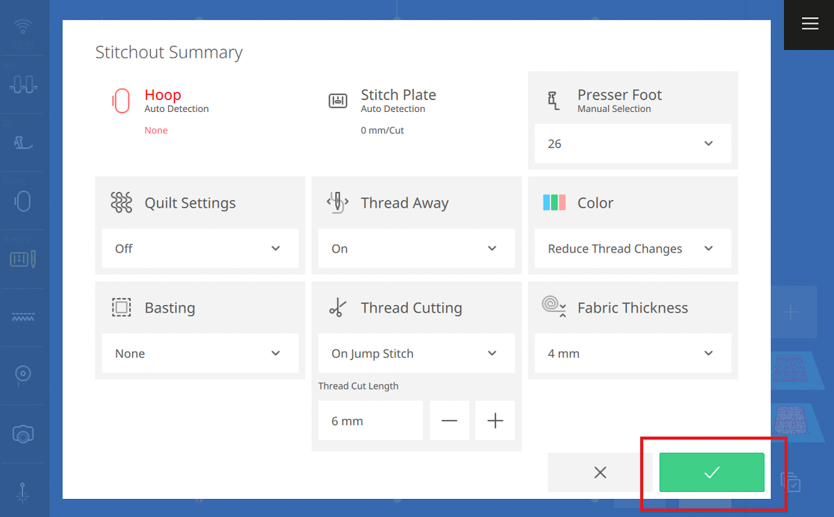 Stitchout settings on the B 990