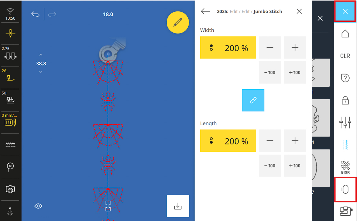 Stitch editing on the B 990 screen