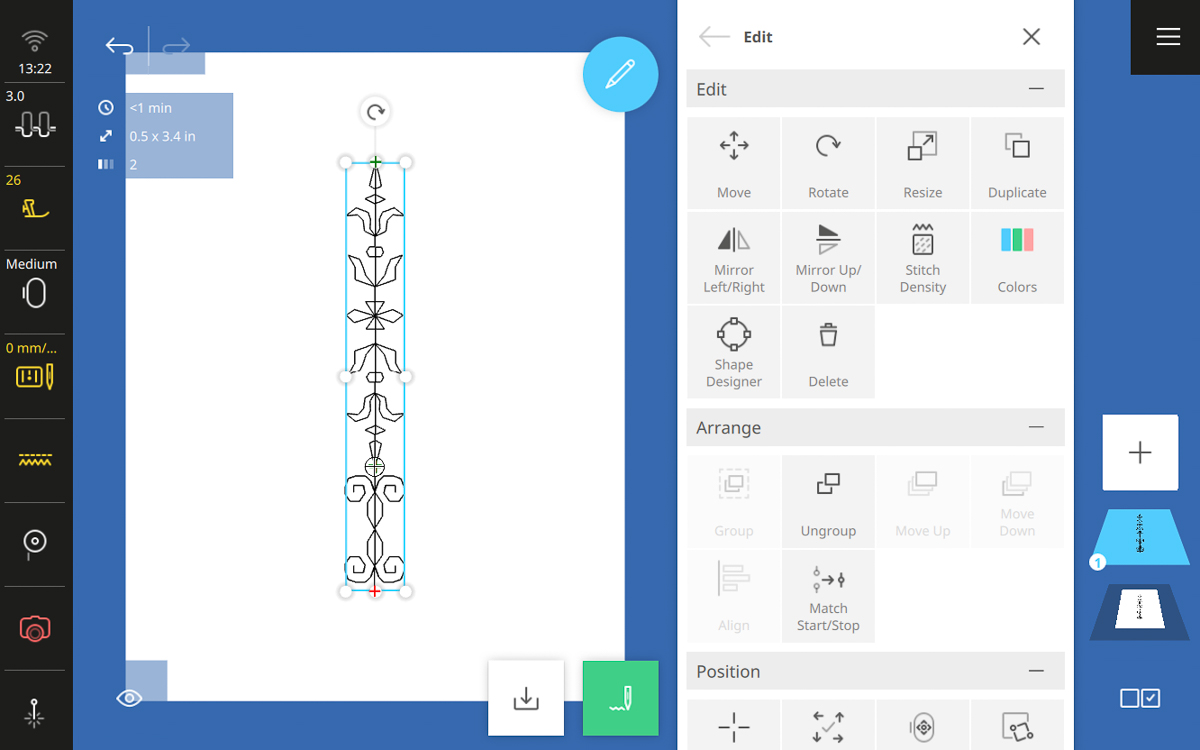 Stitch editing on the B 990 screen
