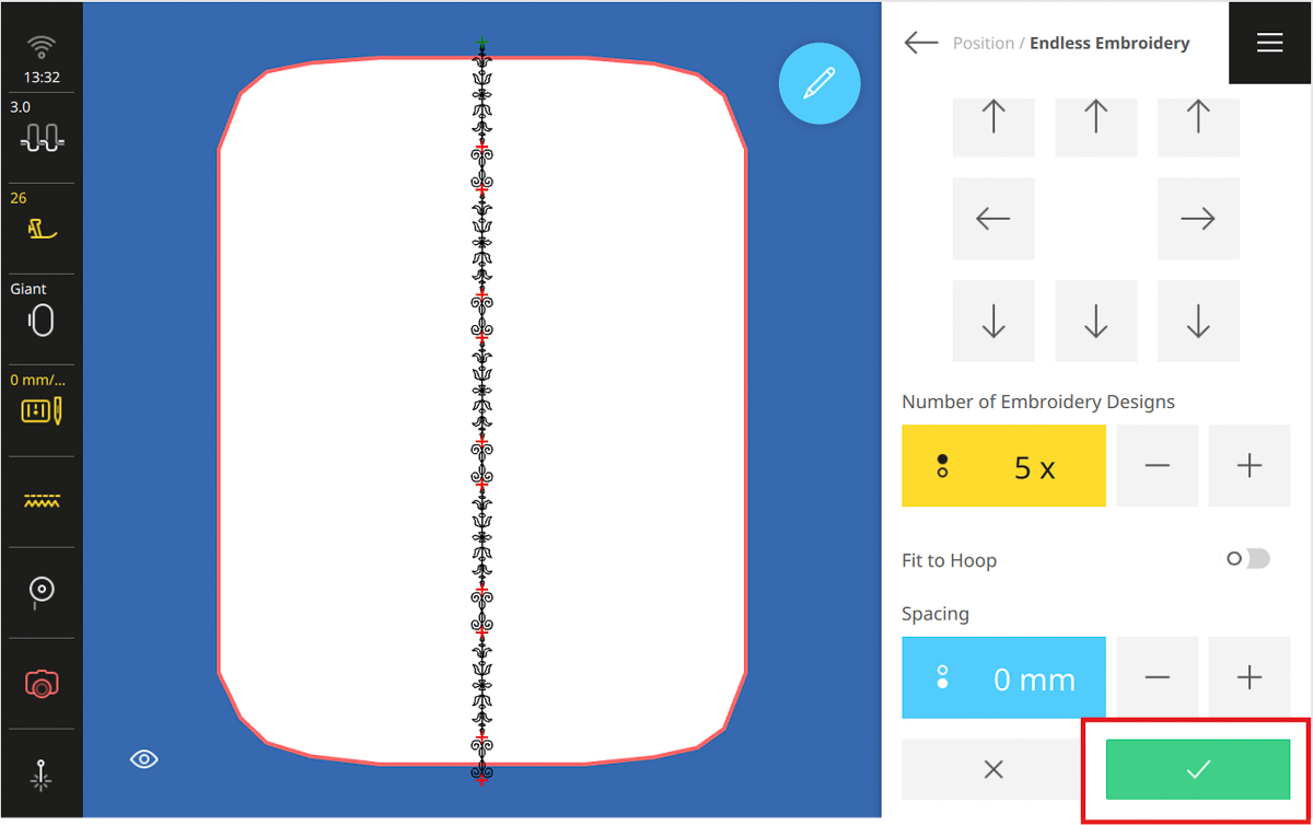 Stitch editing on the B 990 screen