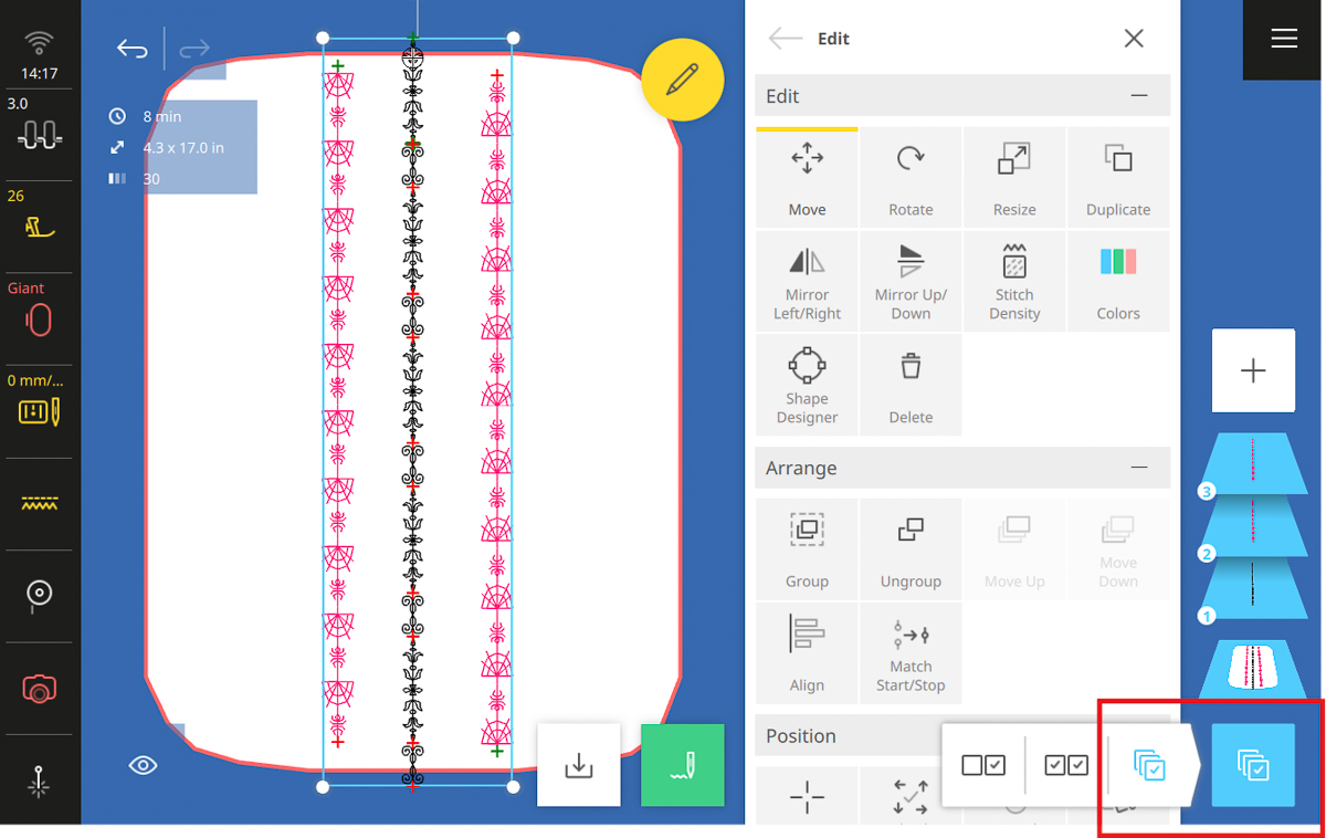 Stitch editing on the B 990 screen