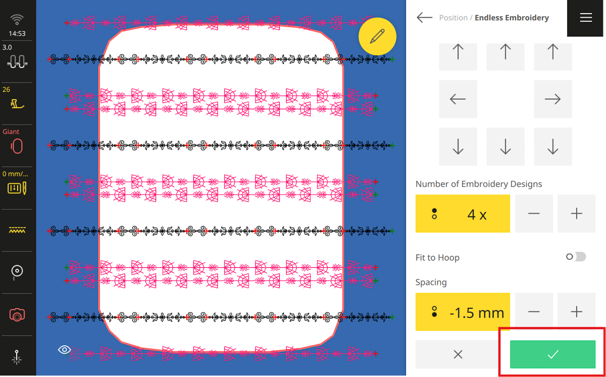 Stitch editing on the B 990 screen