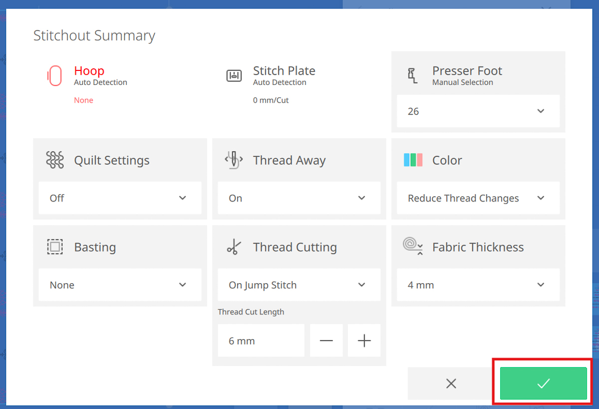 Stitchout settings on the B 990