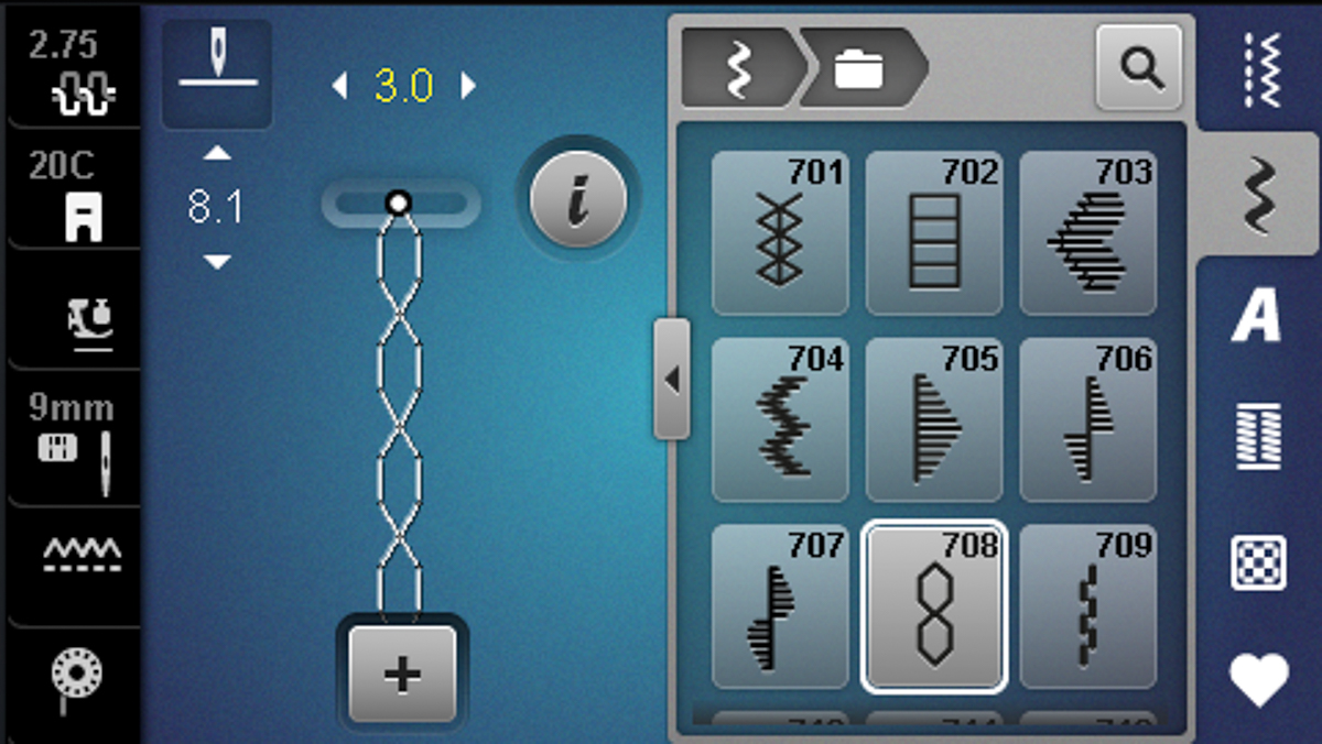 BERNINA sewing machine touch screen displaying couching stitch options with stitch #708 selected and width set to 3.0mm