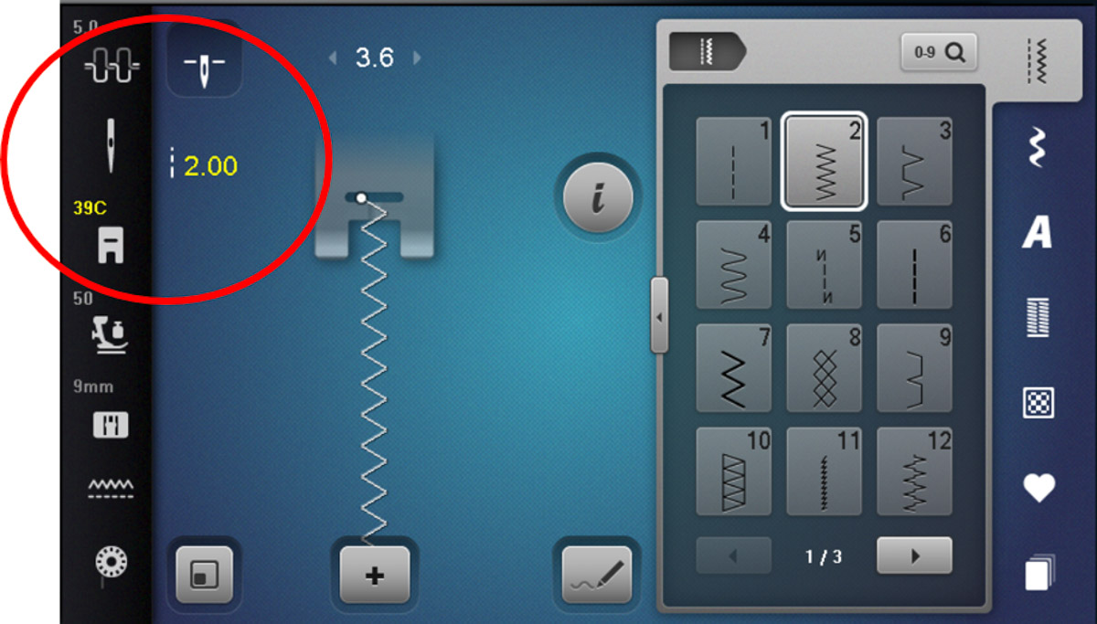 display screen highlighting the zig-zag stitch.