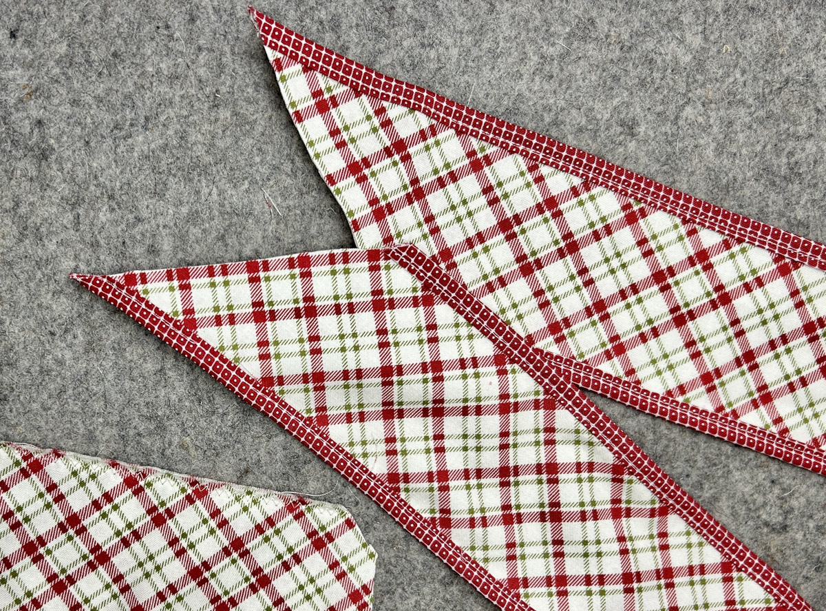 close up view of sewn strips cut at a 45 degree angle.