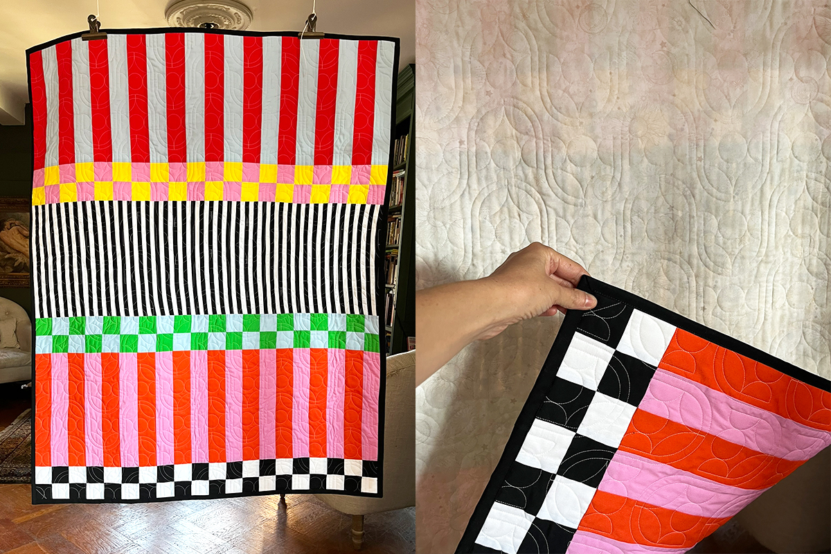 A 2-image collage. On the left is the finished free baby quilt pattern Checks Mix Quilt front. On the right is the back.