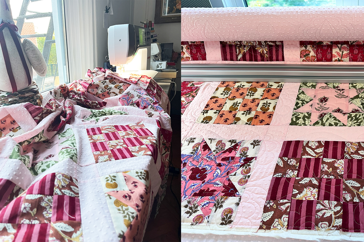 A side-by-side image collage featuring two images. On the left Jaclyn is sewing a pink and red quilt on her B 735. The quilt has 16-patches and sawtooth stars. On the right, the quilt is loaded onto a Q 24 longarm for quilting.