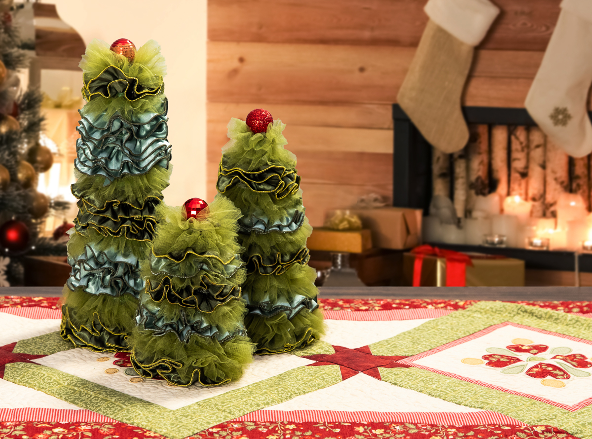 Christmas scene with trees and stockings