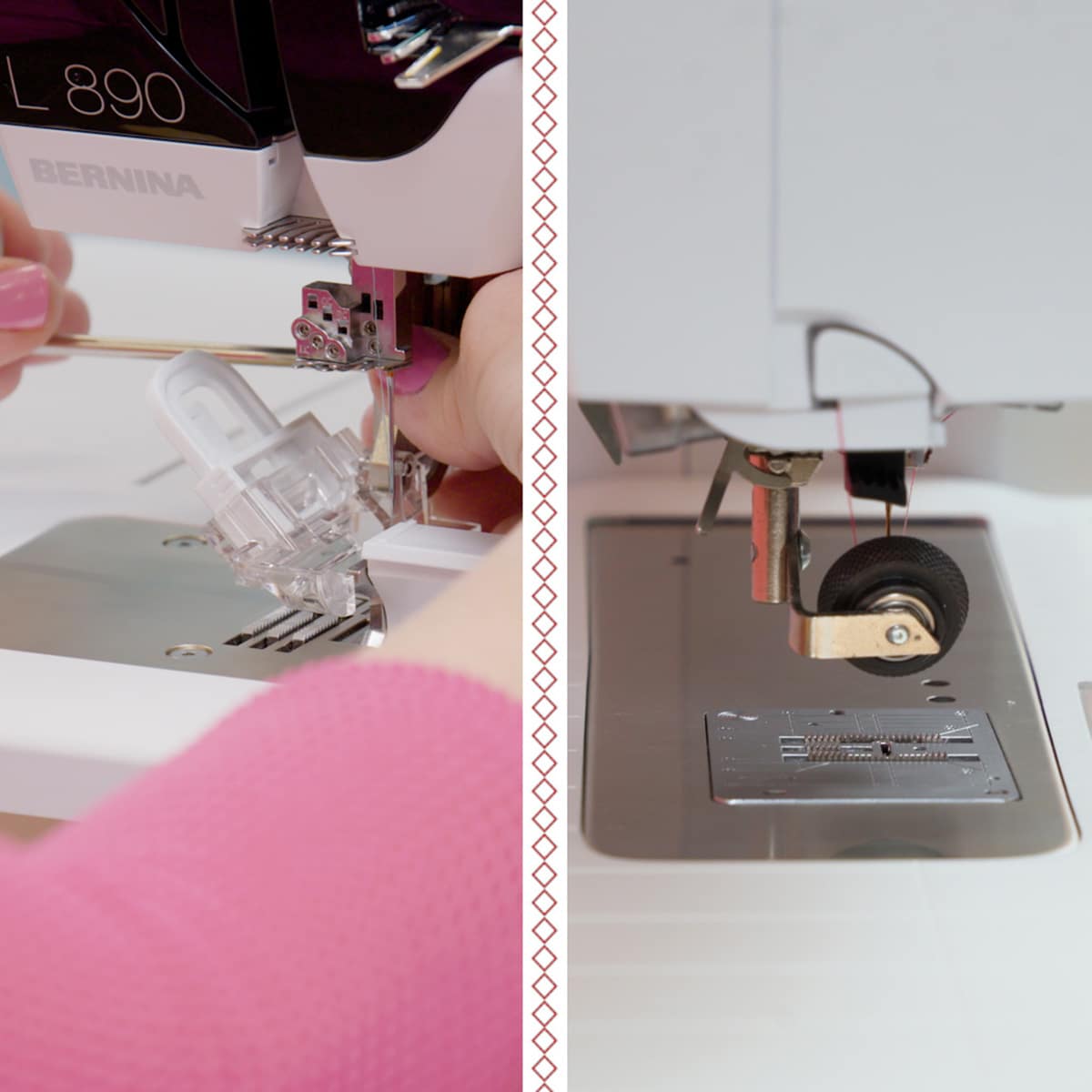 Two side-by-side views of presser feet being attached to a serger and sewing machine.
