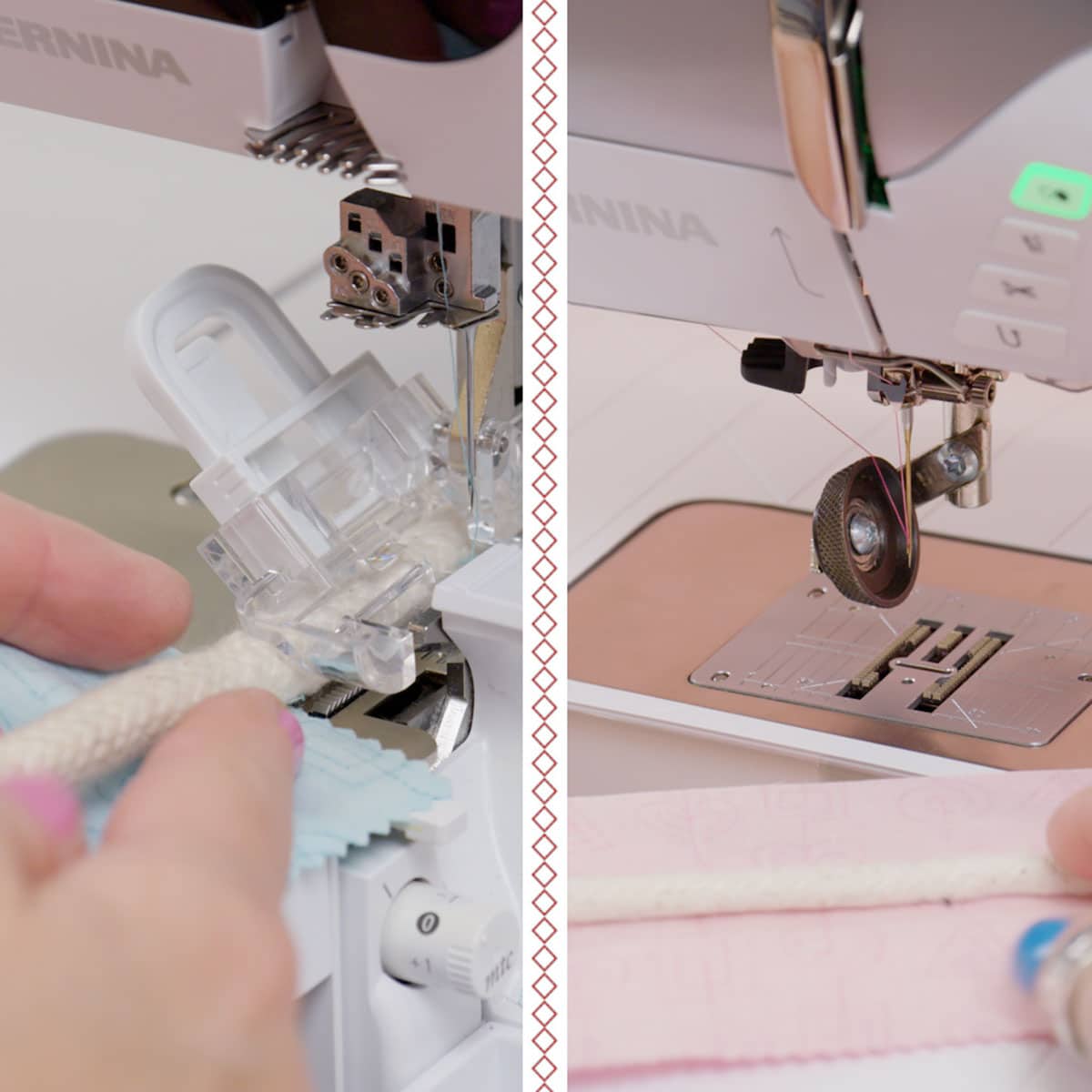Side-by-side comparison photo of a cord being set under the presser foot of a serger and a sewing machine.
