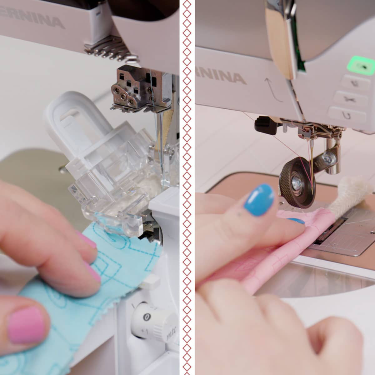 Side-by-side comparison photo of fabric being sewn onto cord with both an overlocker and a sewing machine.