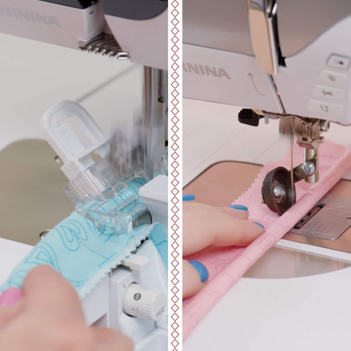 Side-by-side comparison photo of fabric being sewn over cording two different ways.