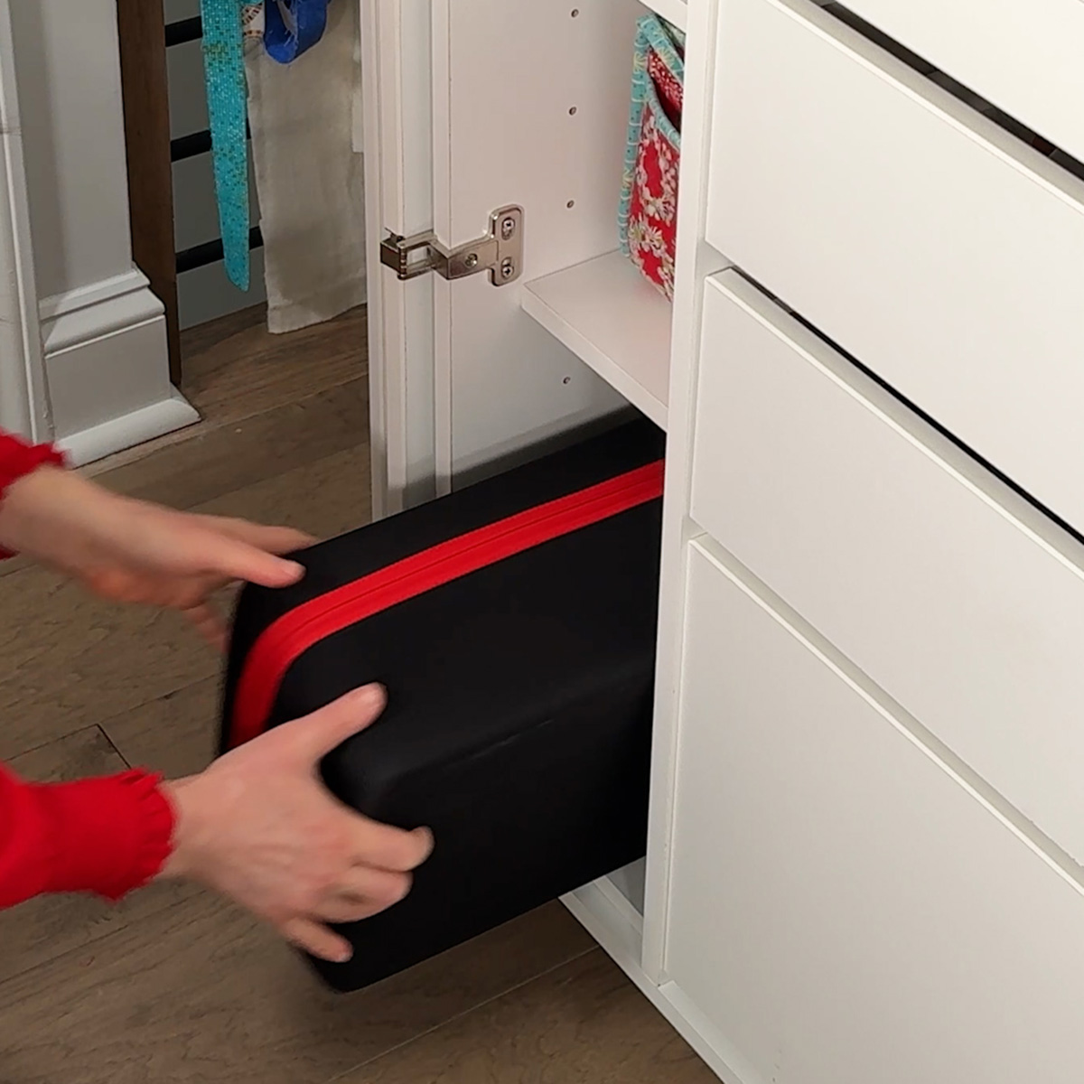 The left side of the cabinet perfectly accommodates the BERNINA Accessory Travel Case.